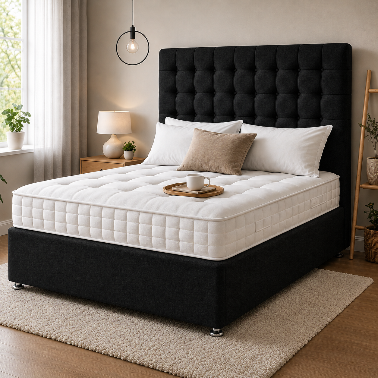 Divan Bed Set with Mattress & 24" Upholstered Headboard – Black