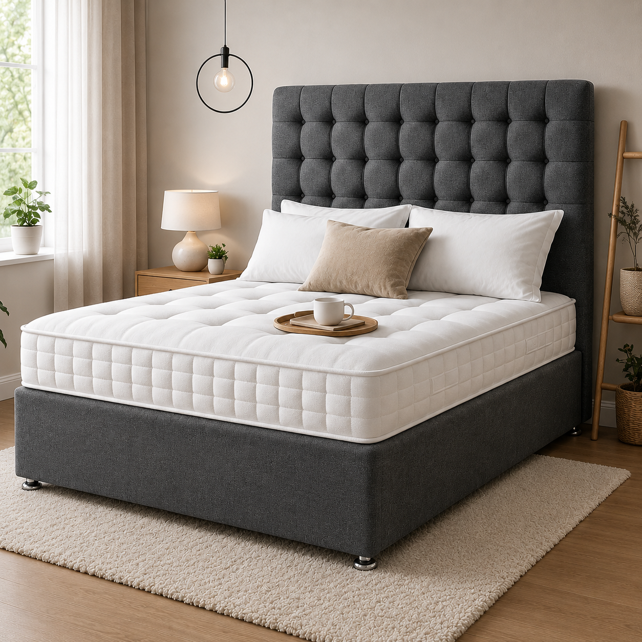 Divan Bed Set with Mattress & 24" Upholstered Headboard  Charcoal Grey