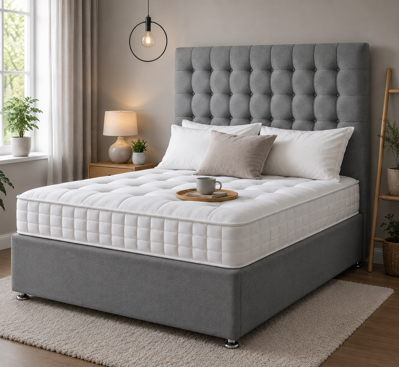 Divan Bed Set with Mattress & 24" Upholstered Headboard – Grey