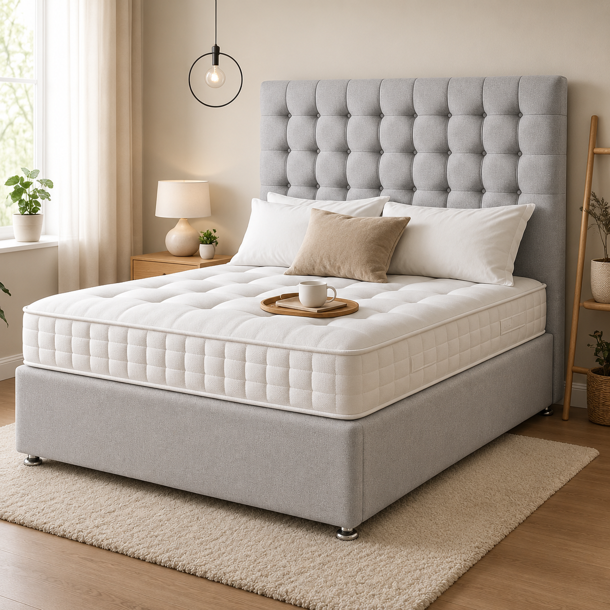 Divan Bed Set with Mattress & 24" Upholstered Headboard - Light Grey